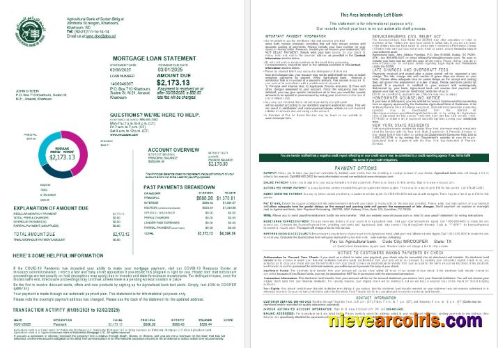 Sudanese Agricultural Bank of Sudanese bank mortgage loan statement, 4 pages 1-2